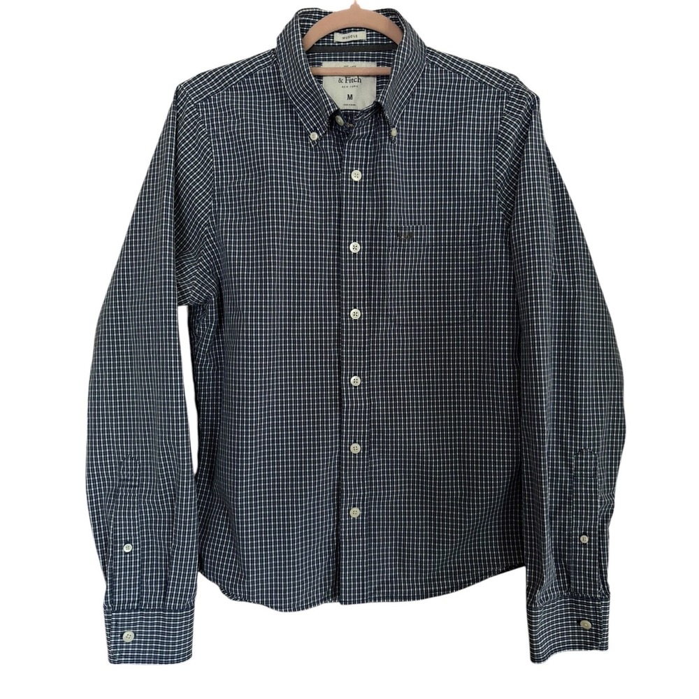 Abercrombie & Fitch Mens Muscle Fit Gingham Button Down Shirt Navy Blue White M